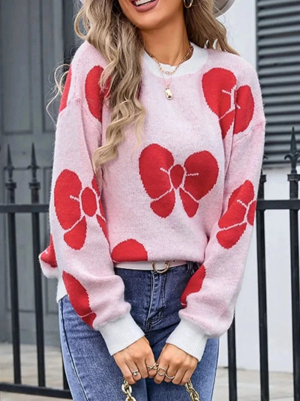 Angel Wings Bow Round Neck Dropped Shoulder Sweater - ShalayeFashion