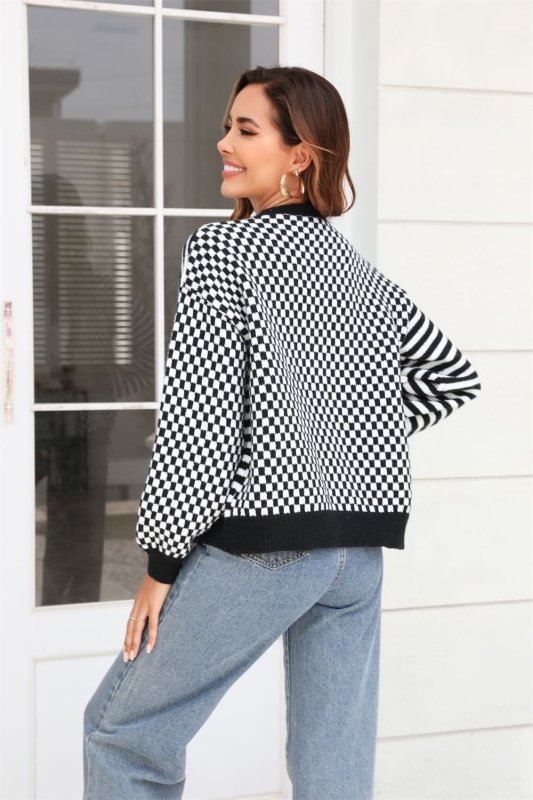 Angel Wings Button - Down Stripe & Plaid Contrast Pattern Cardigan - ShalayeFashion