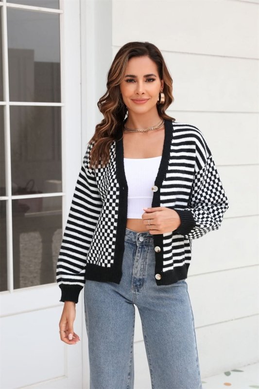 Angel Wings Button - Down Stripe & Plaid Contrast Pattern Cardigan - ShalayeFashion