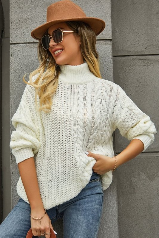 Angel Wings Cable - Knit Turtle Neck Long Sleeve Sweater - ShalayeFashion