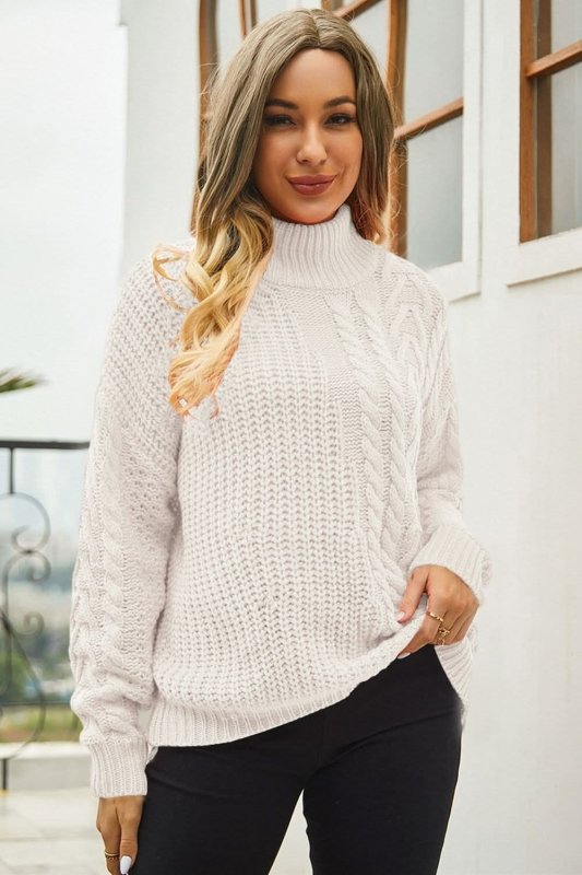 Angel Wings Cable - Knit Turtle Neck Long Sleeve Sweater - ShalayeFashion