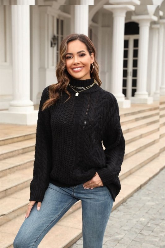 Angel Wings Cable - Knit Turtle Neck Long Sleeve Sweater - ShalayeFashion