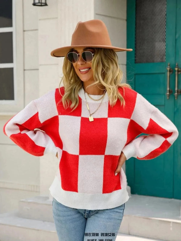 Angel Wings Checkered Round Neck Dropped Shoulder Sweater - ShalayeFashion