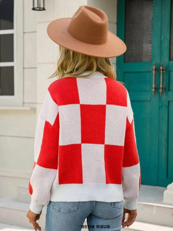 Angel Wings Checkered Round Neck Dropped Shoulder Sweater - ShalayeFashion