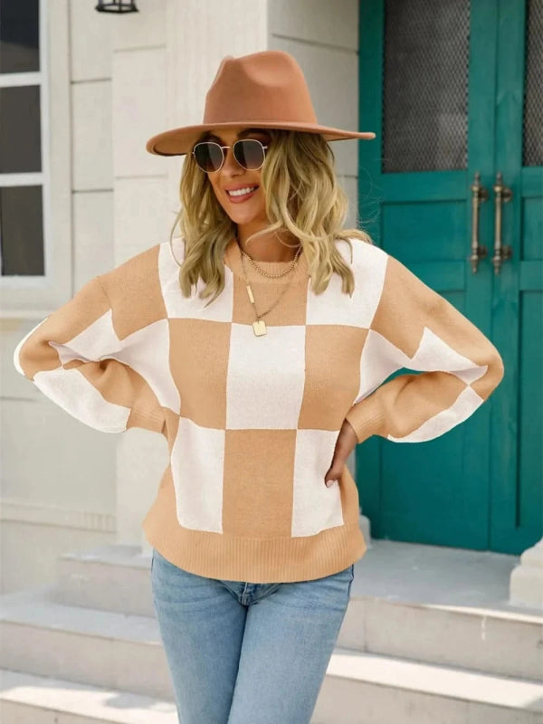 Angel Wings Checkered Round Neck Dropped Shoulder Sweater - ShalayeFashion