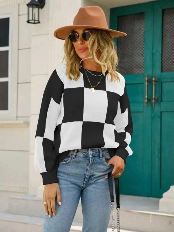 Angel Wings Checkered Round Neck Dropped Shoulder Sweater - ShalayeFashion