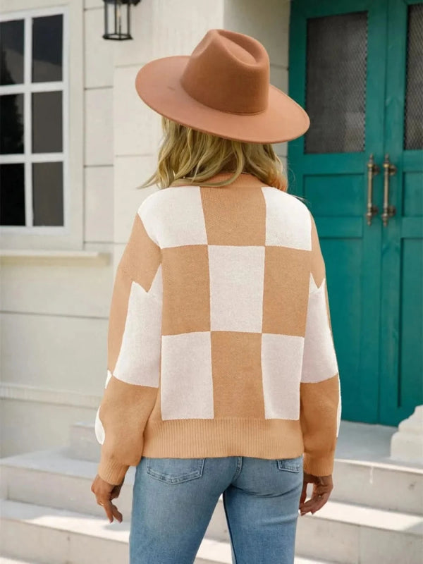 Angel Wings Checkered Round Neck Dropped Shoulder Sweater - ShalayeFashion