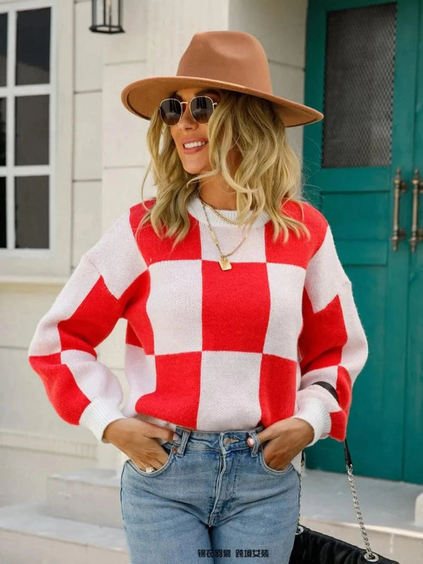 Angel Wings Checkered Round Neck Dropped Shoulder Sweater - ShalayeFashion