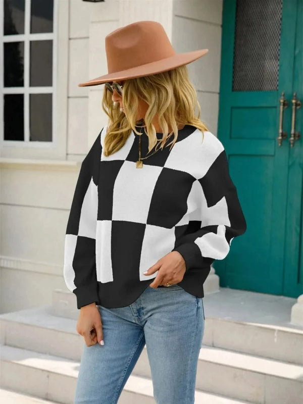 Angel Wings Checkered Round Neck Dropped Shoulder Sweater - ShalayeFashion