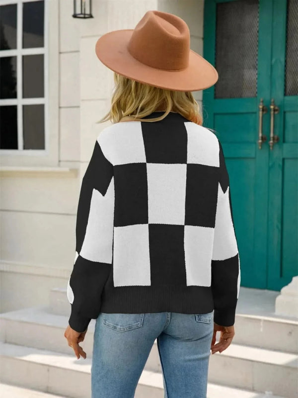 Angel Wings Checkered Round Neck Dropped Shoulder Sweater - ShalayeFashion