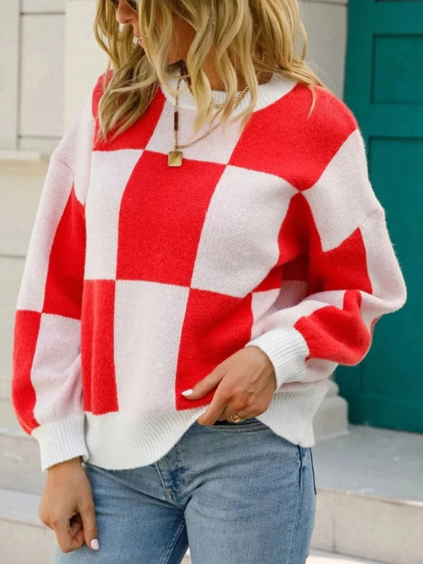 Angel Wings Checkered Round Neck Dropped Shoulder Sweater - ShalayeFashion