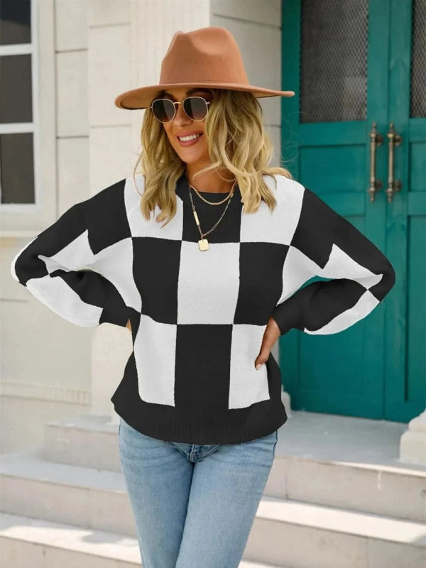 Angel Wings Checkered Round Neck Dropped Shoulder Sweater - ShalayeFashion