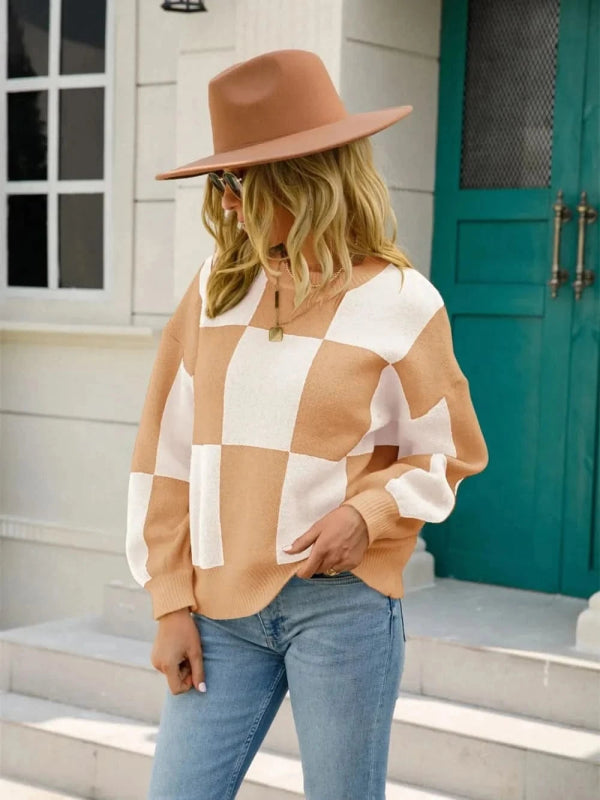 Angel Wings Checkered Round Neck Dropped Shoulder Sweater - ShalayeFashion