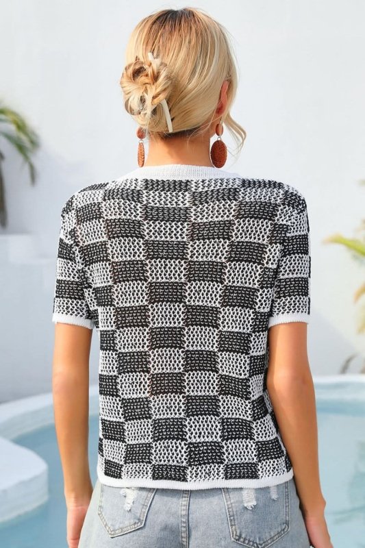 Angel Wings Checkered Short Sleeve Knit Top - ShalayeFashion