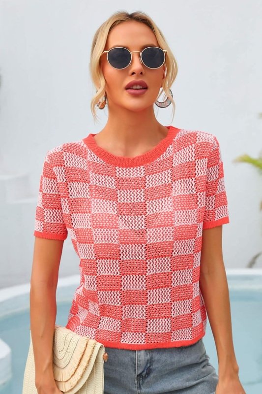 Angel Wings Checkered Short Sleeve Knit Top - ShalayeFashion