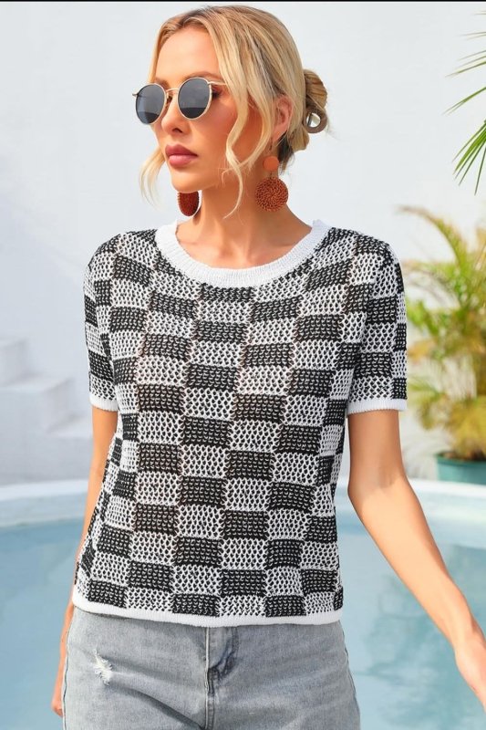 Angel Wings Checkered Short Sleeve Knit Top - ShalayeFashion