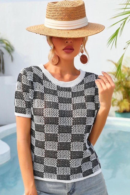 Angel Wings Checkered Short Sleeve Knit Top - ShalayeFashion