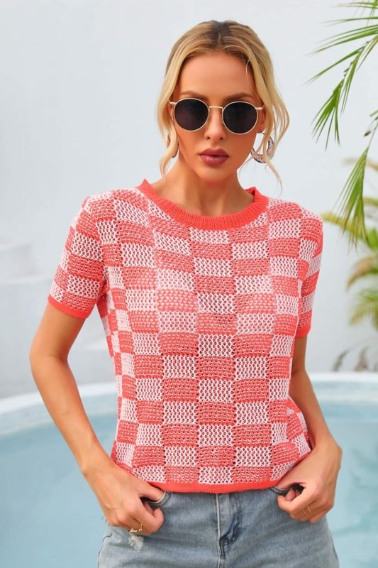 Angel Wings Checkered Short Sleeve Knit Top - ShalayeFashion