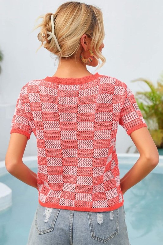 Angel Wings Checkered Short Sleeve Knit Top - ShalayeFashion