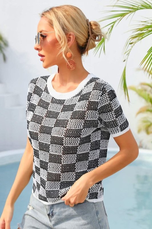 Angel Wings Checkered Short Sleeve Knit Top - ShalayeFashion