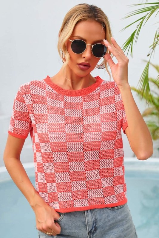 Angel Wings Checkered Short Sleeve Knit Top - ShalayeFashion