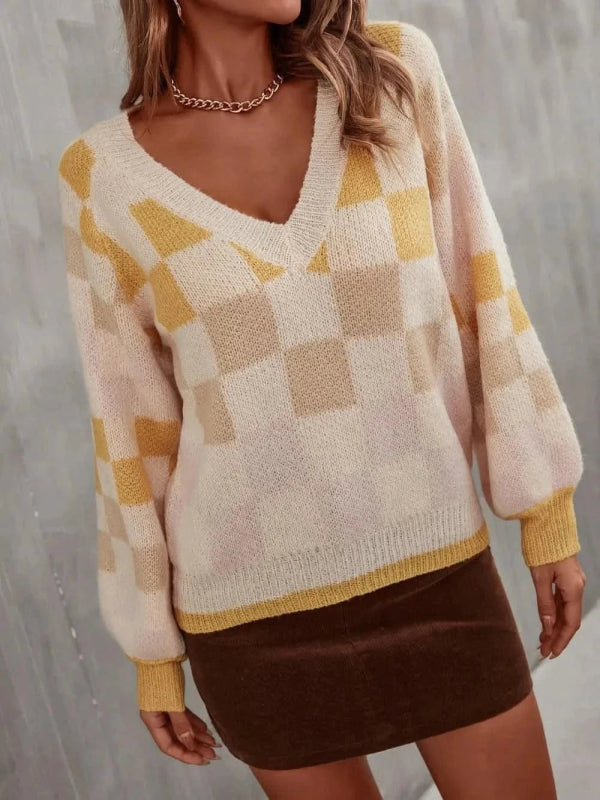 Angel Wings Checkered V - Neck Lantern Sleeve Sweater - ShalayeFashion