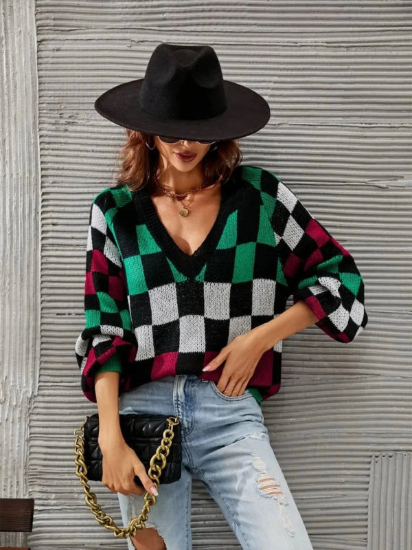 Angel Wings Checkered V - Neck Lantern Sleeve Sweater - ShalayeFashion
