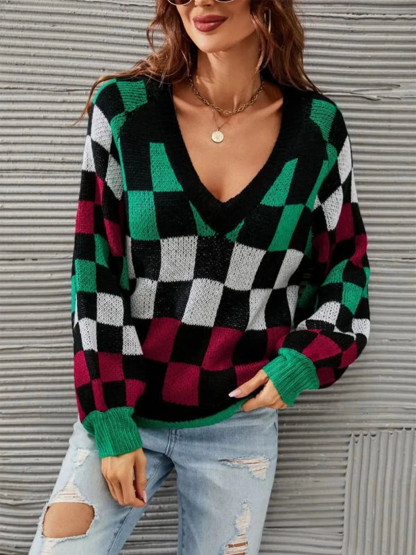 Angel Wings Checkered V - Neck Lantern Sleeve Sweater - ShalayeFashion