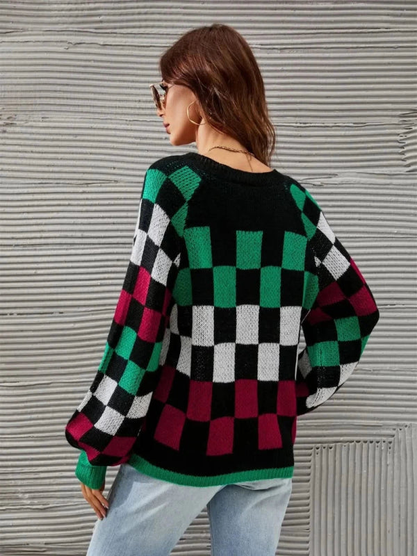 Angel Wings Checkered V - Neck Lantern Sleeve Sweater - ShalayeFashion