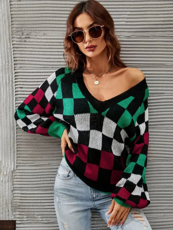 Angel Wings Checkered V - Neck Lantern Sleeve Sweater - ShalayeFashion