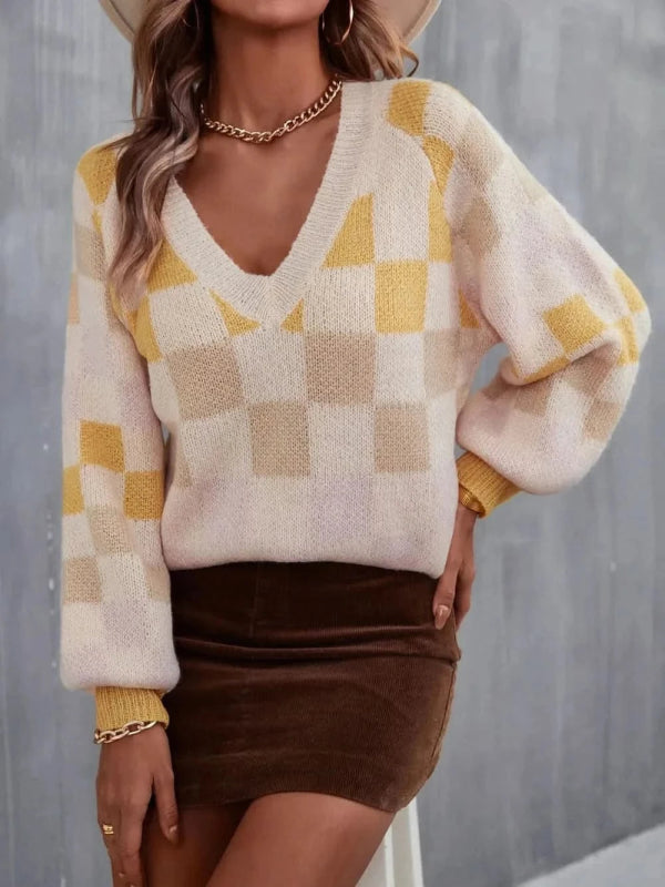 Angel Wings Checkered V - Neck Lantern Sleeve Sweater - ShalayeFashion