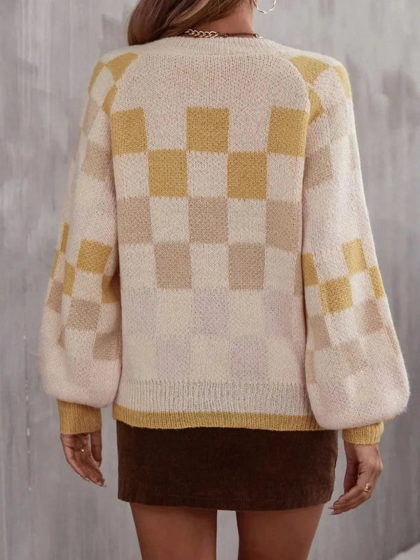 Angel Wings Checkered V - Neck Lantern Sleeve Sweater - ShalayeFashion