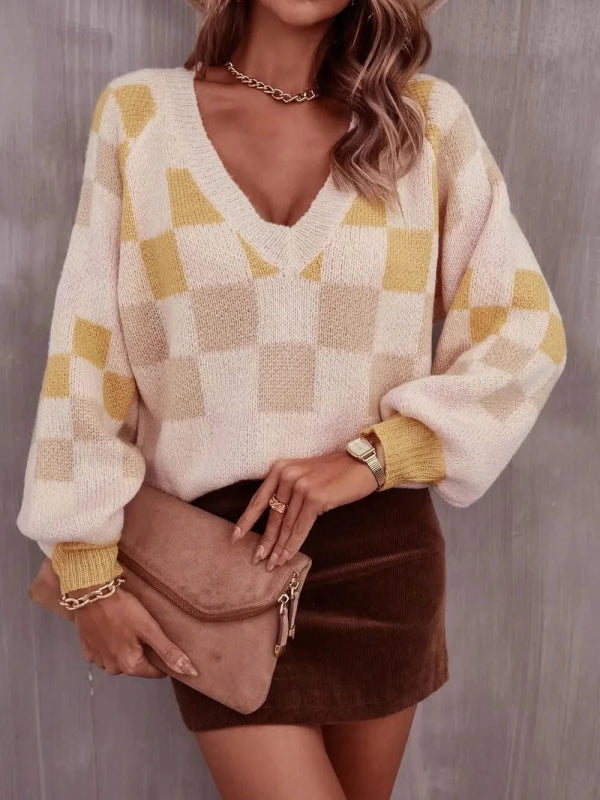 Angel Wings Checkered V - Neck Lantern Sleeve Sweater - ShalayeFashion