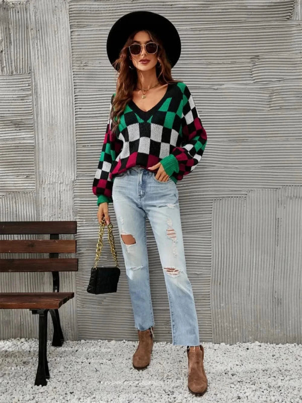 Angel Wings Checkered V - Neck Lantern Sleeve Sweater - ShalayeFashion