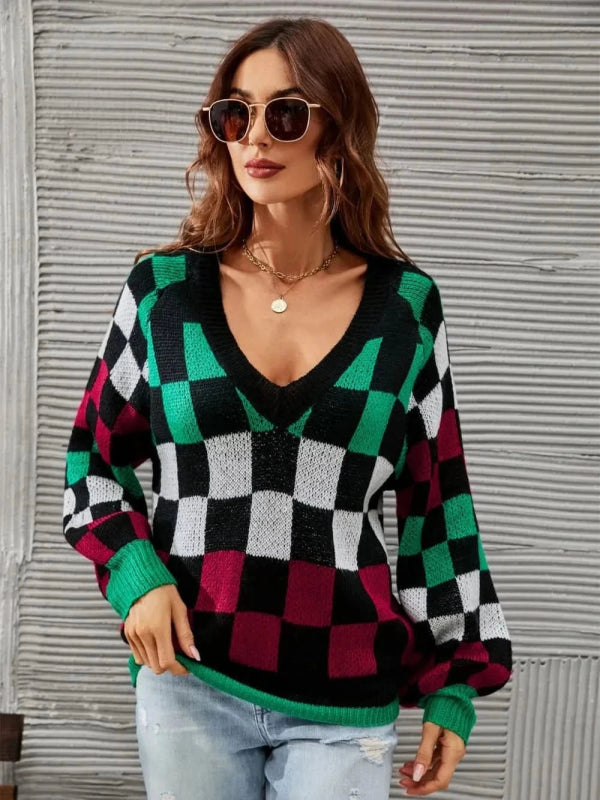 Angel Wings Checkered V - Neck Lantern Sleeve Sweater - ShalayeFashion