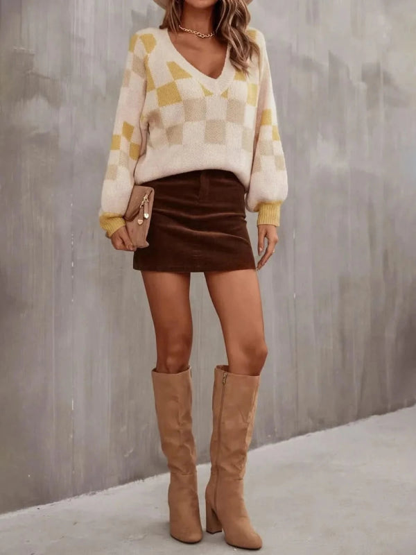 Angel Wings Checkered V - Neck Lantern Sleeve Sweater - ShalayeFashion