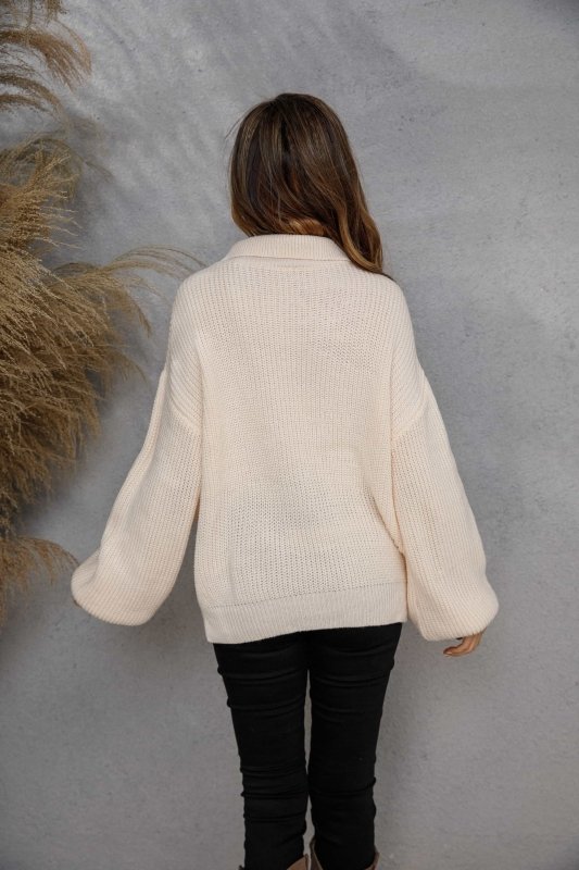 Angel Wings Collared Neck Zip - Up Knit Top - ShalayeFashion
