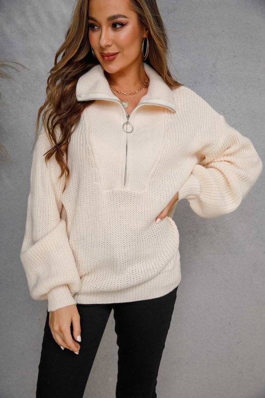 Angel Wings Collared Neck Zip - Up Knit Top - ShalayeFashion