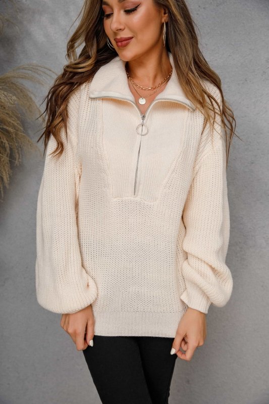 Angel Wings Collared Neck Zip - Up Knit Top - ShalayeFashion