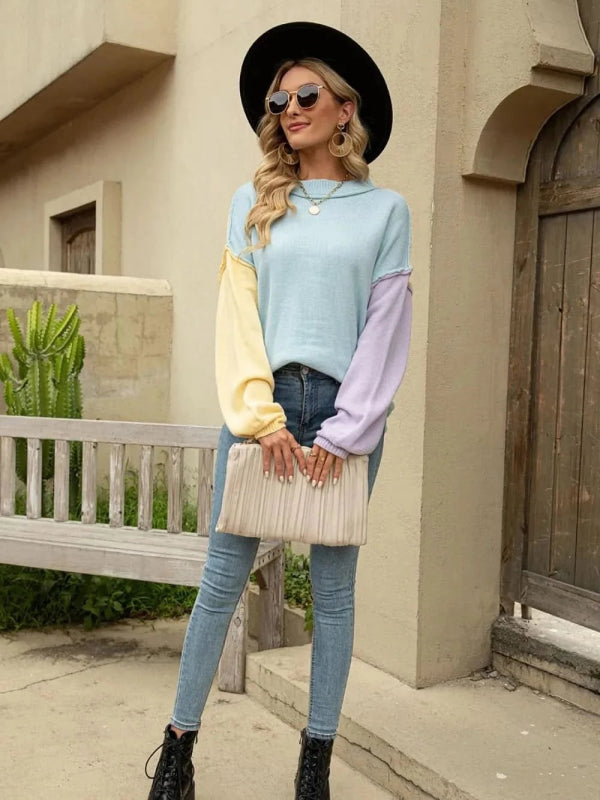 Angel Wings Color Block Dropped Shoulder Sweater - ShalayeFashion