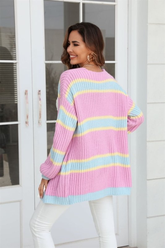 Angel Wings Color Block Ribbed Dropped Shoulder Open Front Cardigan - ShalayeFashion