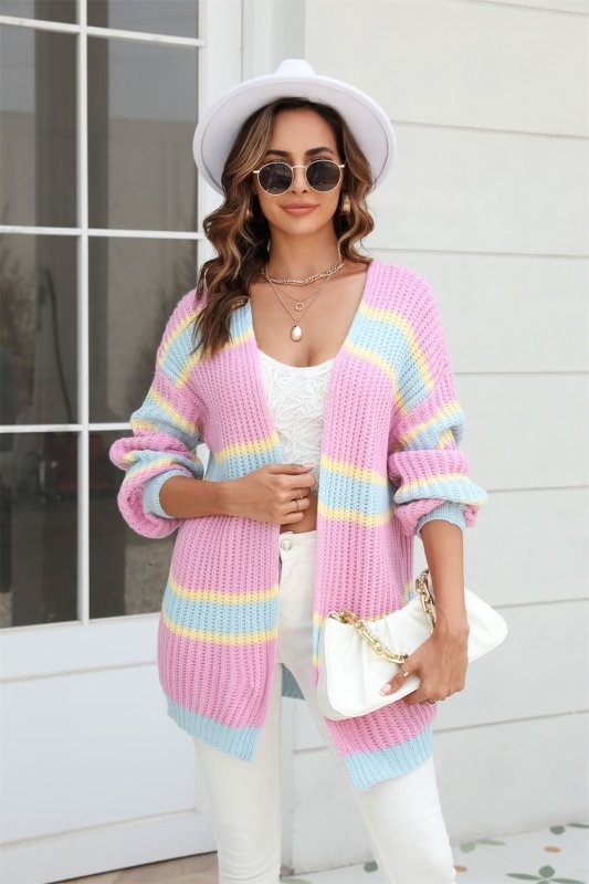 Angel Wings Color Block Ribbed Dropped Shoulder Open Front Cardigan - ShalayeFashion