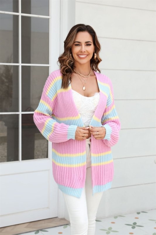 Angel Wings Color Block Ribbed Dropped Shoulder Open Front Cardigan - ShalayeFashion