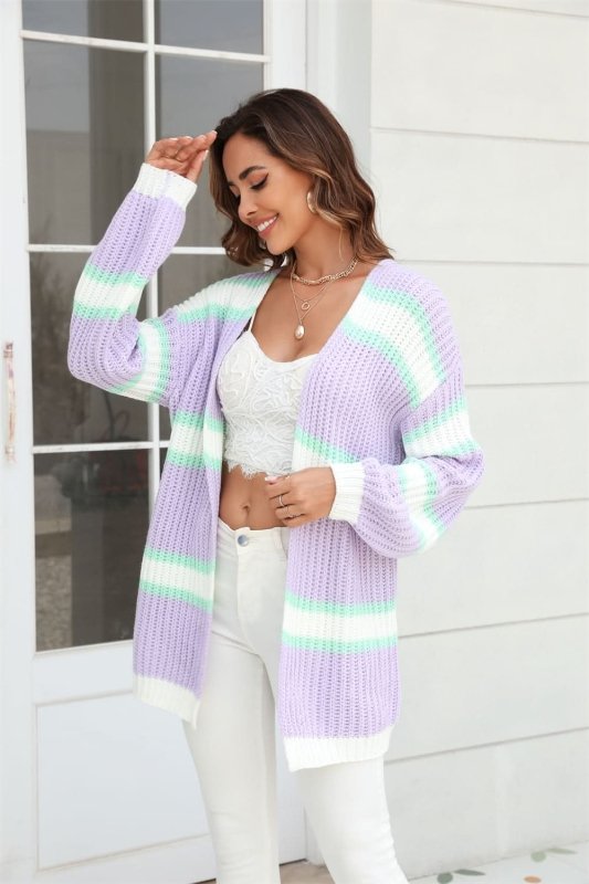 Angel Wings Color Block Ribbed Dropped Shoulder Open Front Cardigan - ShalayeFashion