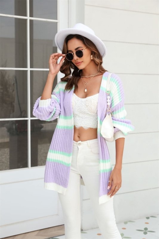 Angel Wings Color Block Ribbed Dropped Shoulder Open Front Cardigan - ShalayeFashion