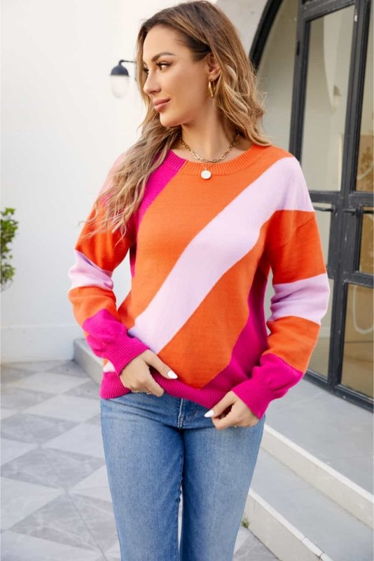 Angel Wings Color Block Ribbed Round Neck Sweater - ShalayeFashion