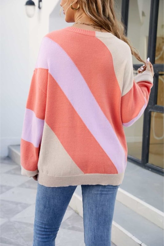 Angel Wings Color Block Ribbed Round Neck Sweater - ShalayeFashion