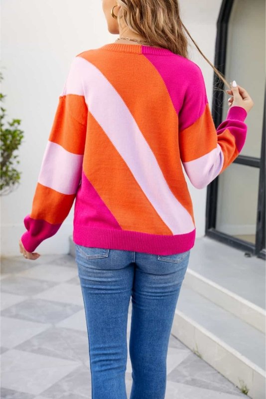 Angel Wings Color Block Ribbed Round Neck Sweater - ShalayeFashion