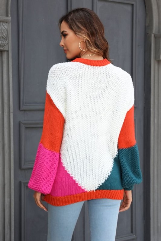 Angel Wings Color Block Round Neck Drop Shoulder Sweater - ShalayeFashion