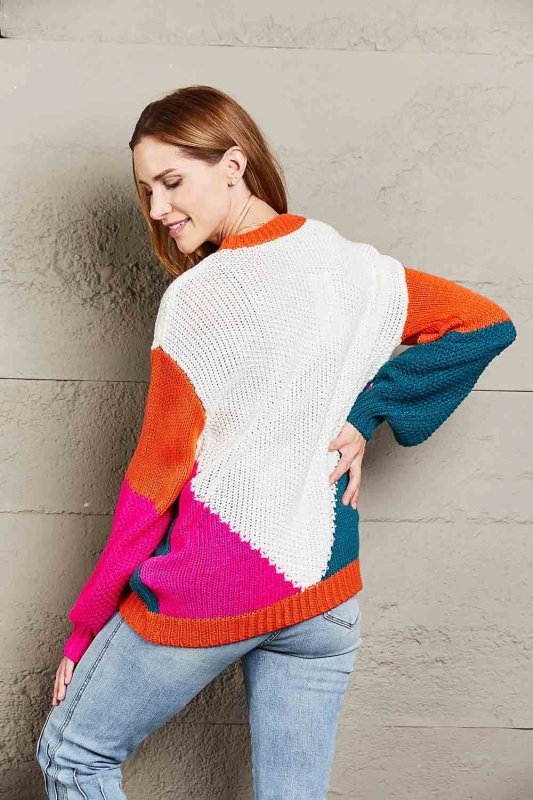 Angel Wings Color Block Round Neck Drop Shoulder Sweater - ShalayeFashion